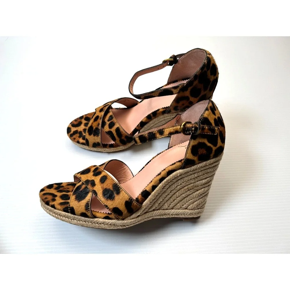 J Crew Jute Wedge Sandal Women 10 NWOB Espadrille  Leopard Calf Hair Ankle Strap
